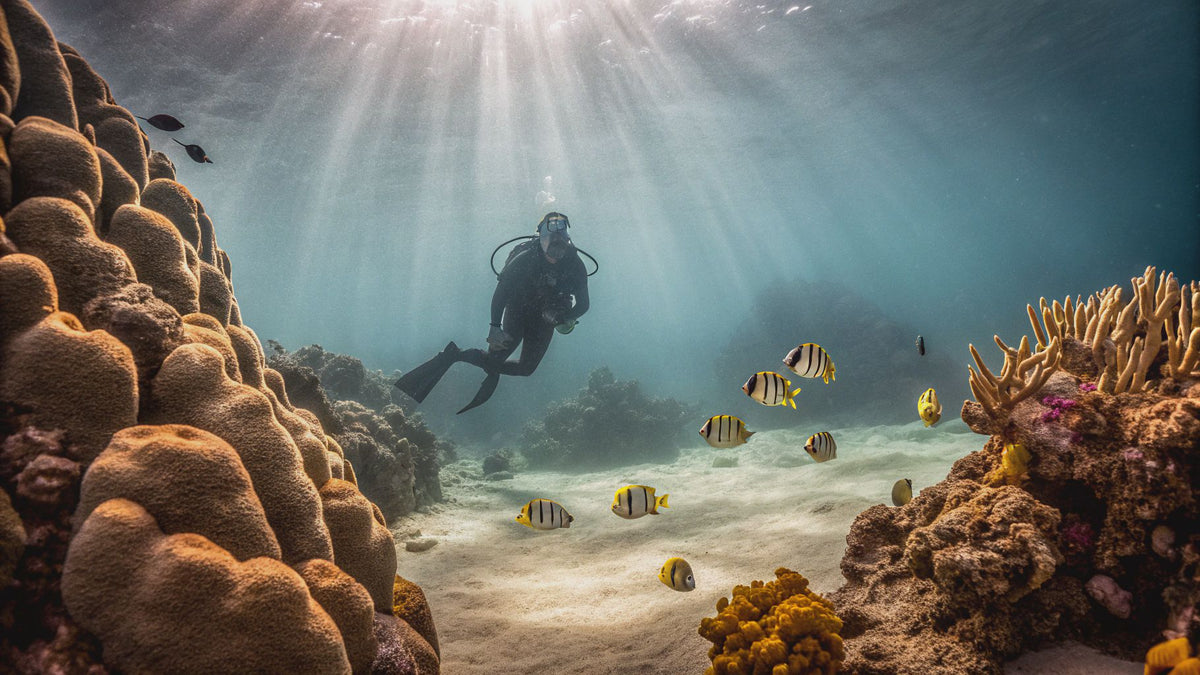 Sustainable scuba diving practices above pristine coral reef ecosystem with perfect buoyancy technique
