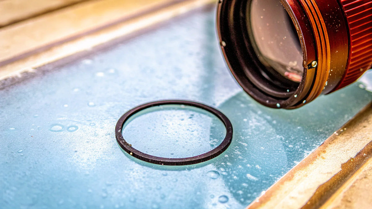 Underwater housing O-ring creating watertight seal against high pressure, preventing catastrophic camera floods and protecting expensive photography equipment