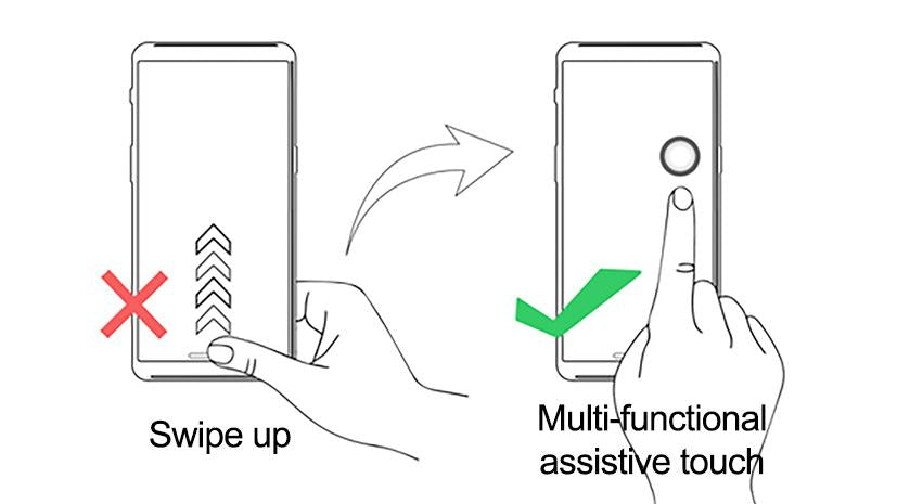 Recommended operation method for underwater phone case: using multi-functional assistive touch button (marked with green checkmark) to reduce edge pressure