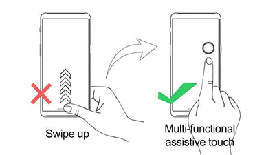 Recommended operation method for underwater phone case: using multi-functional assistive touch button (marked with green checkmark) to reduce edge pressure