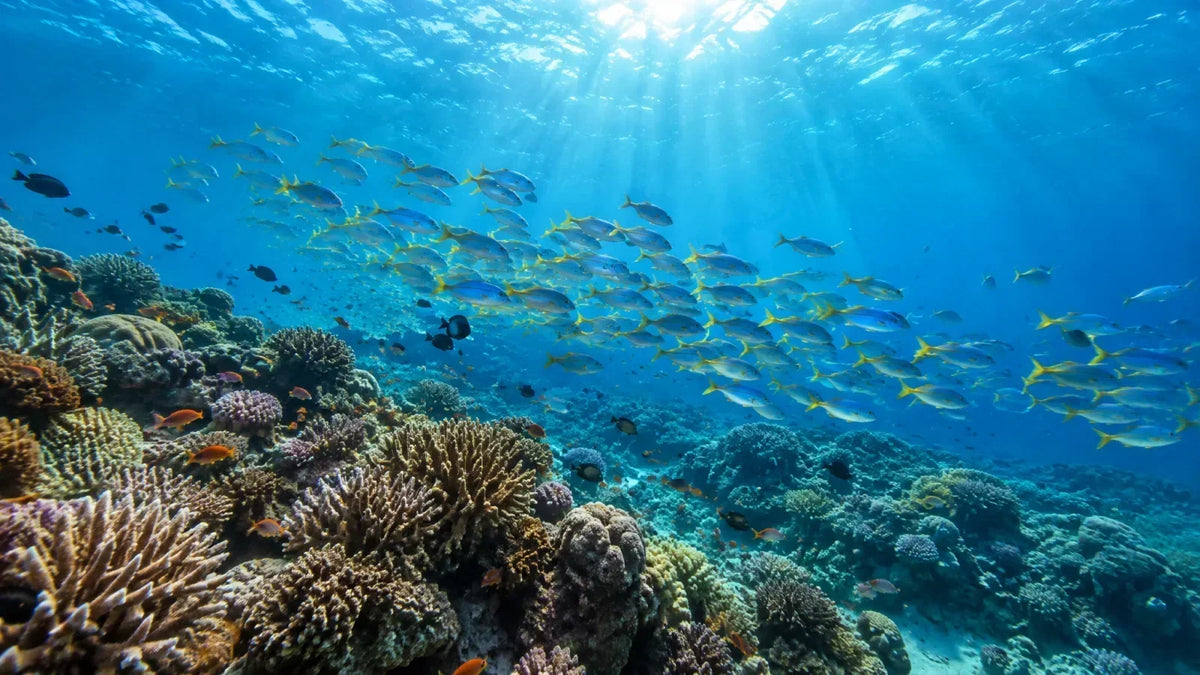 Wide-angle view of a coral reef with a large school of fish