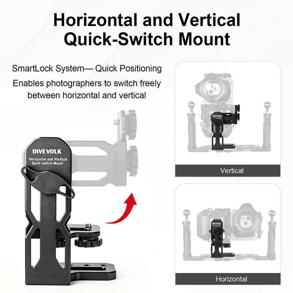 DIVEVOLK Horizontal and Vertical Quick-Switch Mount — SmartLock System diagram showing one-second rotation between vertical and horizontal shooting positions.