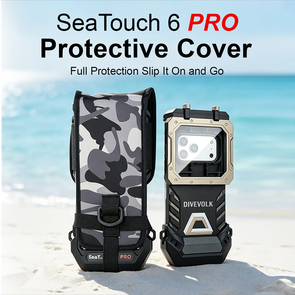 SeaTouch 6 PRO protective cover — full coverage slip-on design with camouflage neoprene sleeve and SeaTouch 6 PRO housing on beach.