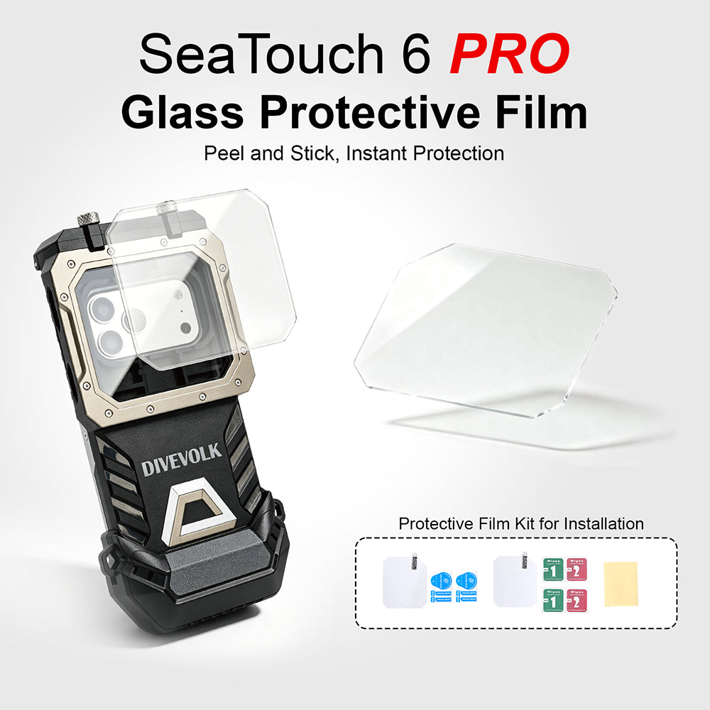 SeaTouch 6 PRO Glass Protective Film — peel-and-stick tempered glass film over housing glass, with full installation kit including wipes, dust absorbers, guide stickers and cleaning cloth.