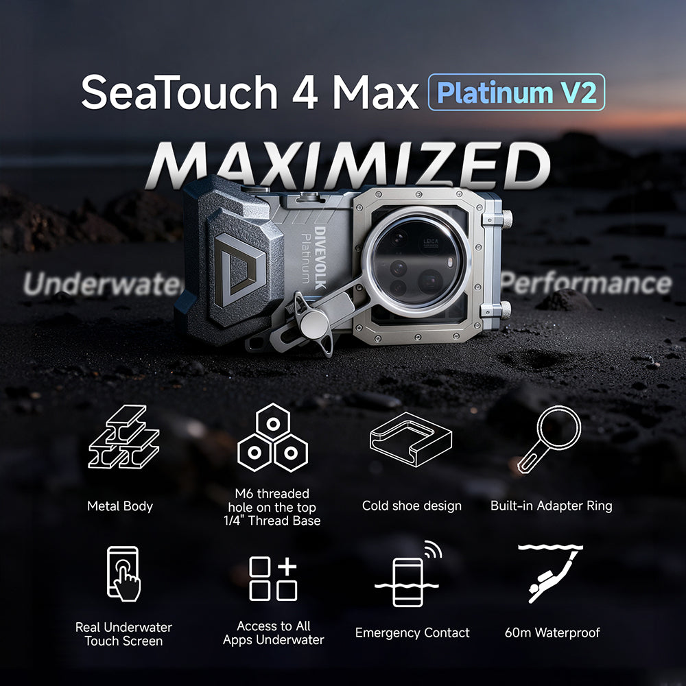 SeaTouch 4 Max Platinum V2 Underwater Touchscreen Housing, iPhone waterproof phone case.displaying a stingray, featuring easy underwater photography.