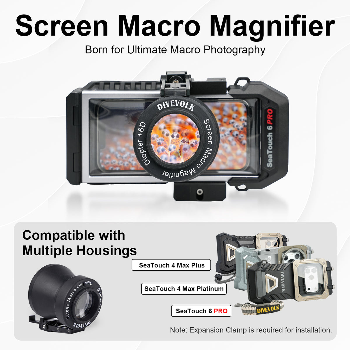 DIVEVOLK Screen Macro Magnifier +6D Diopter — underwater macro magnifier attached to SeaTouch 6 PRO housing screen, compatible with SeaTouch 4 Max Plus, 4 Max Platinum, and 6 PRO (Expansion Clamp required)