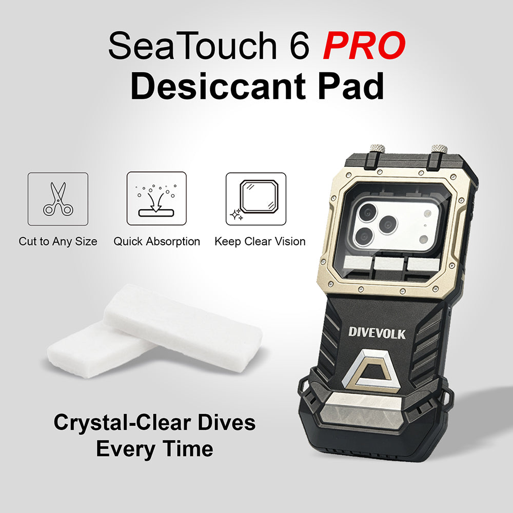 DIVEVOLK SeaTouch 6 PRO Anti-Fog Desiccant Pad — product info graphic showing freely cut-to-size, fast moisture absorption, long-lasting dryness, with housing display and tagline "clear and fog-free for every dive.