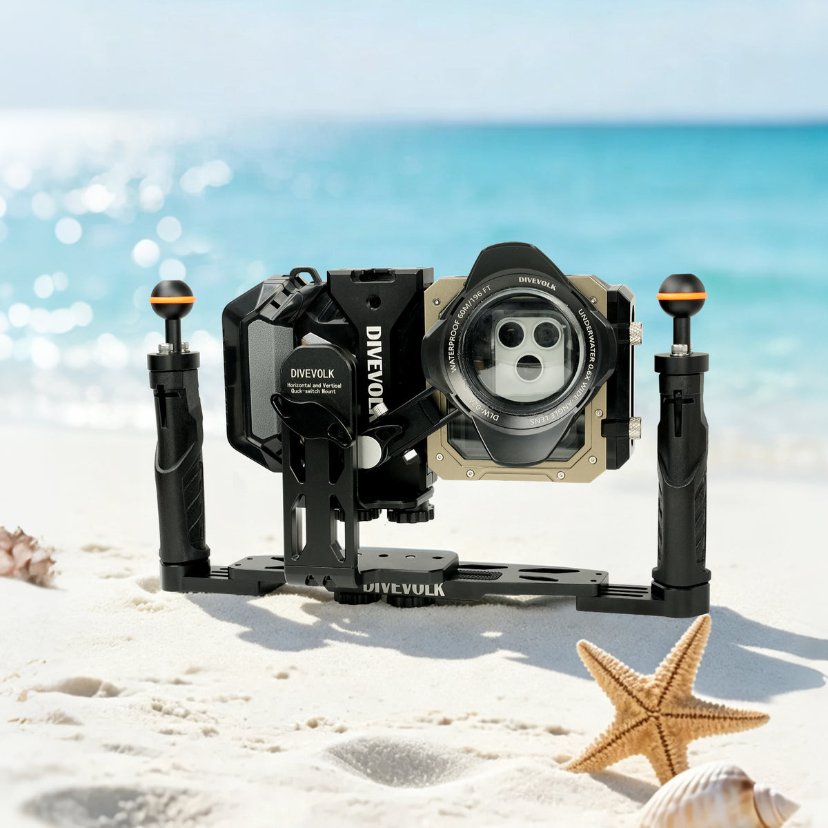 DIVEVOLK Quick-Switch Mount with SeaTouch 6 PRO housing on the beach.