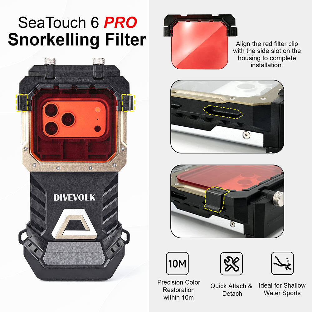 DIVEVOLK SeaTouch 6 PRO Snorkelling Filter — product info graphic showing clip-on installation via side slot, precision color restoration within 10m, quick attach & detach, ideal for shallow water sports.