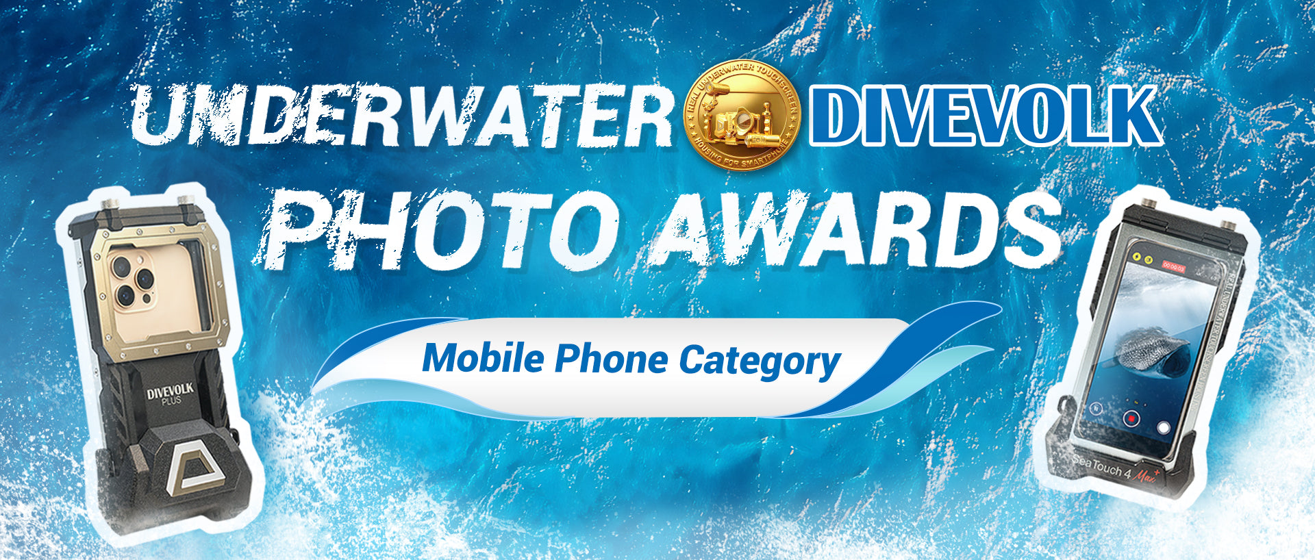 Promotional graphic for Underwater Divevolk Photo Awards with a phone and mobile phone on a blue wave background.