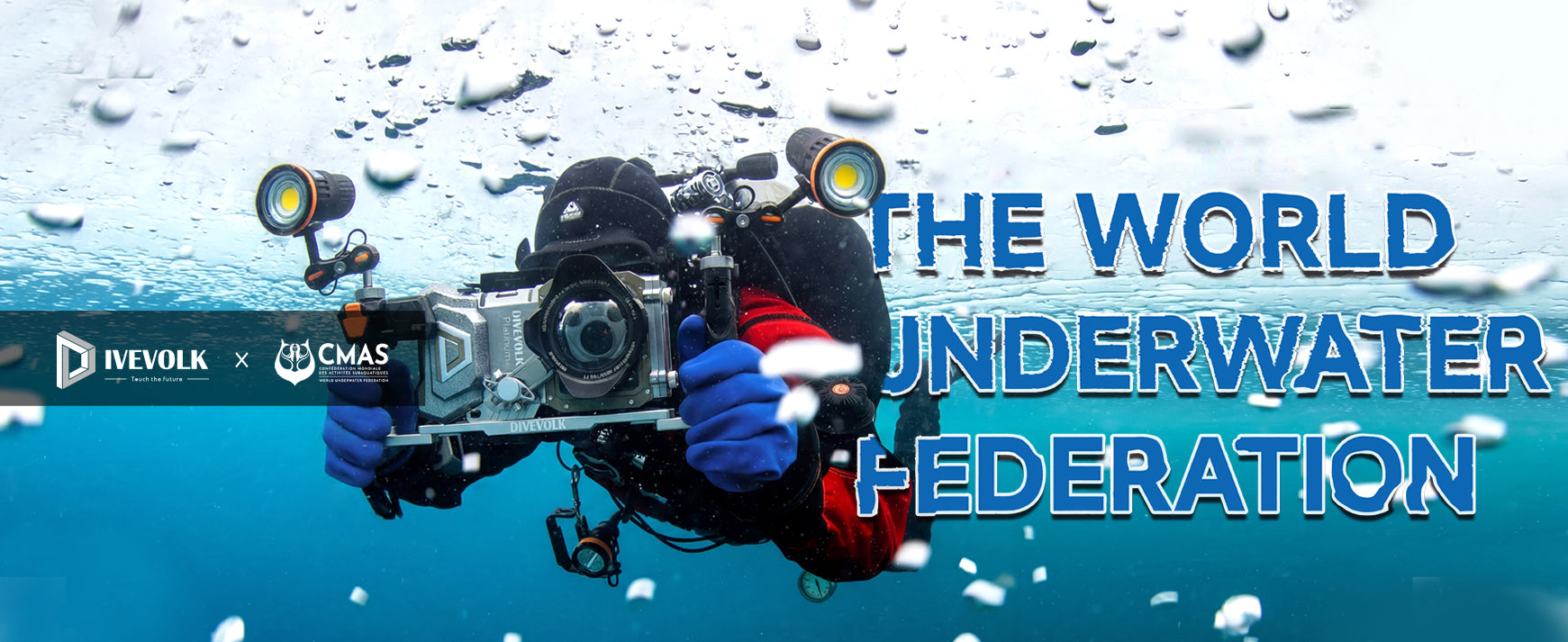 Diver with underwater camera equipment in water, featuring Revoltec and CMAS logos.