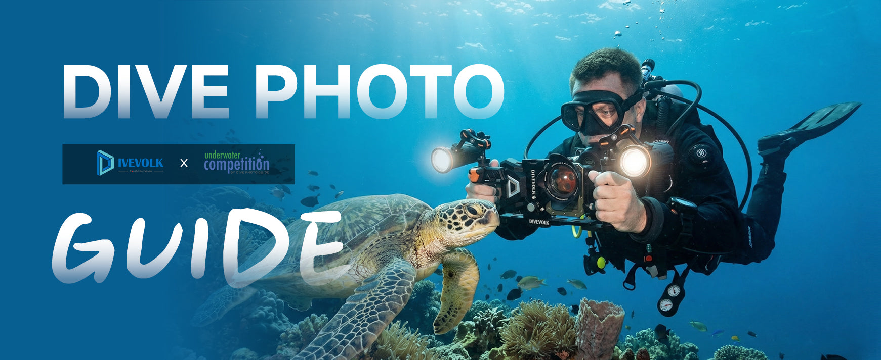 Diver with camera equipment underwater, interacting with a turtle, with text 'Dive Photo Guide' and logos.