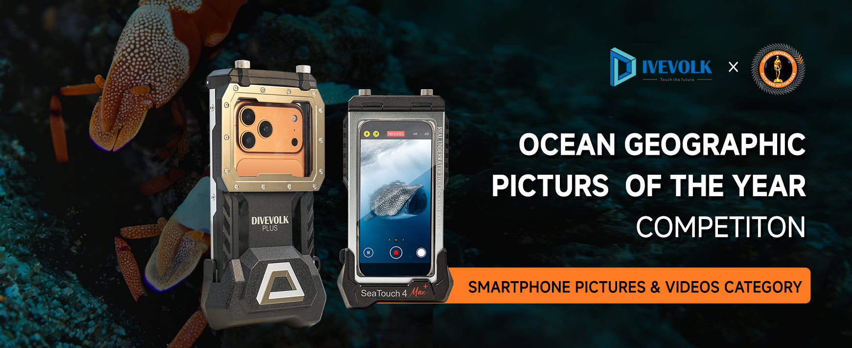 Two smartphones with underwater cases on a dark ocean-themed background, featuring the Divevolk brand.