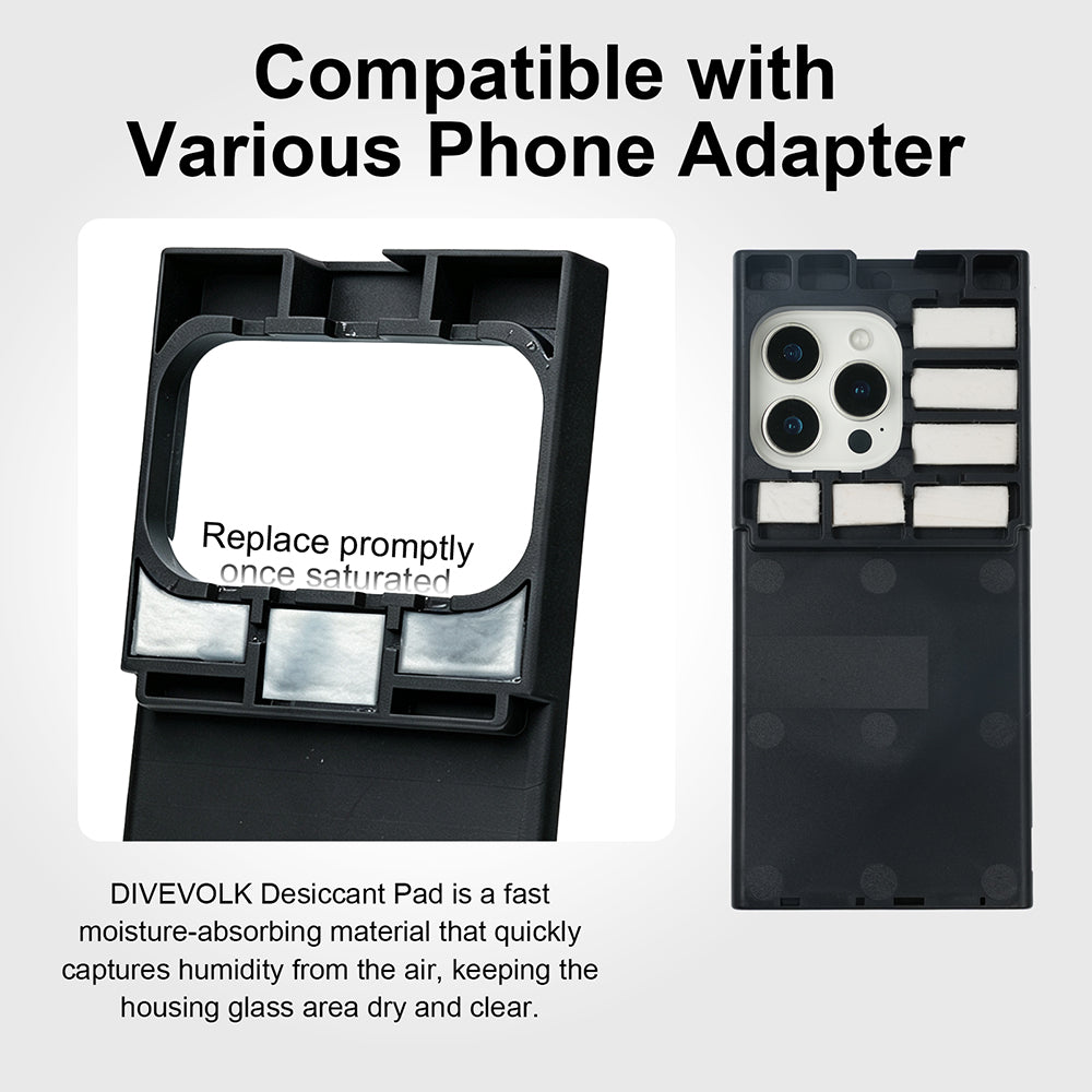 DIVEVOLK anti-fog desiccant pads installed in phone adapter — compatible with various phone models, quick moisture absorption keeps housing glass area dry and clear.