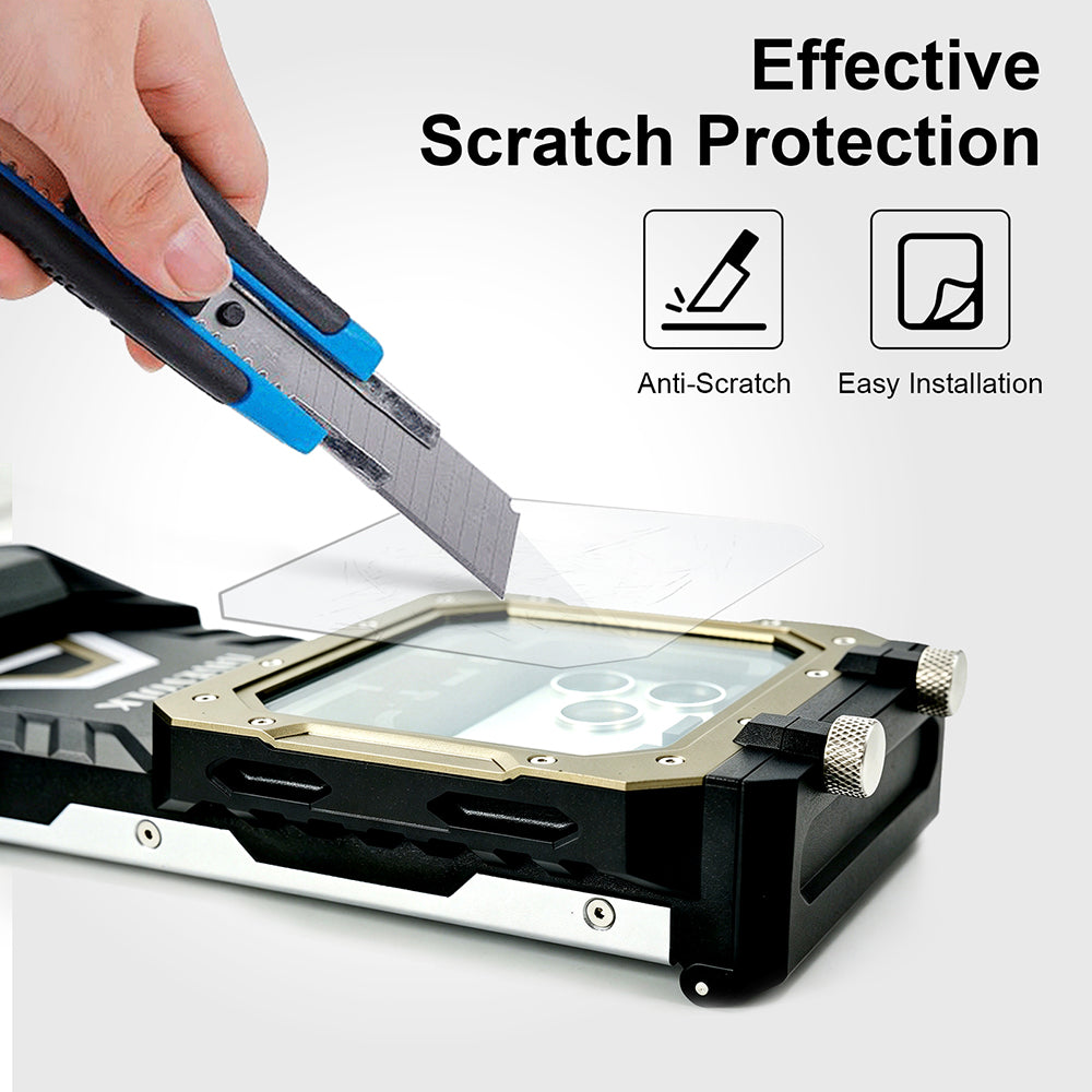 Glass protective film scratch test — utility knife scraping across film applied on SeaTouch 6 PRO housing glass, demonstrating anti-scratch and easy installation.