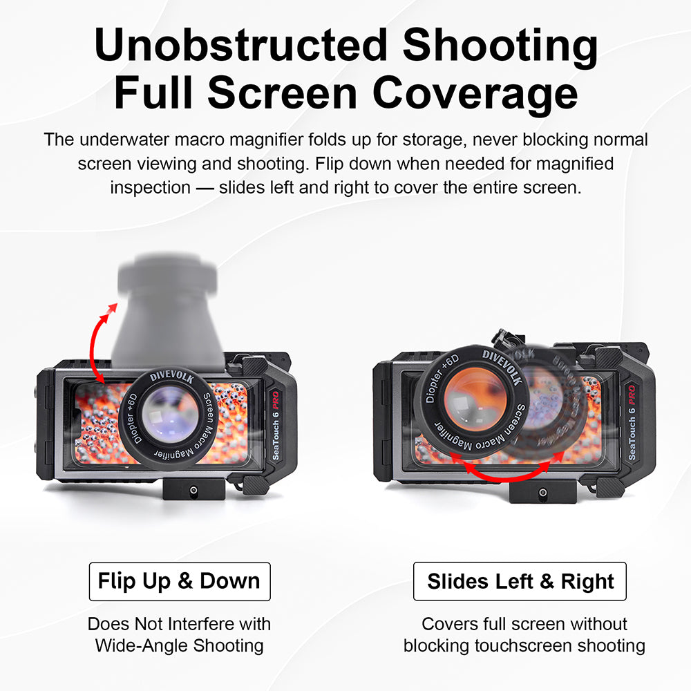 DIVEVOLK Screen Macro Magnifier flip-up and slide design — folds up for unobstructed wide-angle shooting, flips down and slides left/right for full-screen macro inspection without blocking touchscreen.