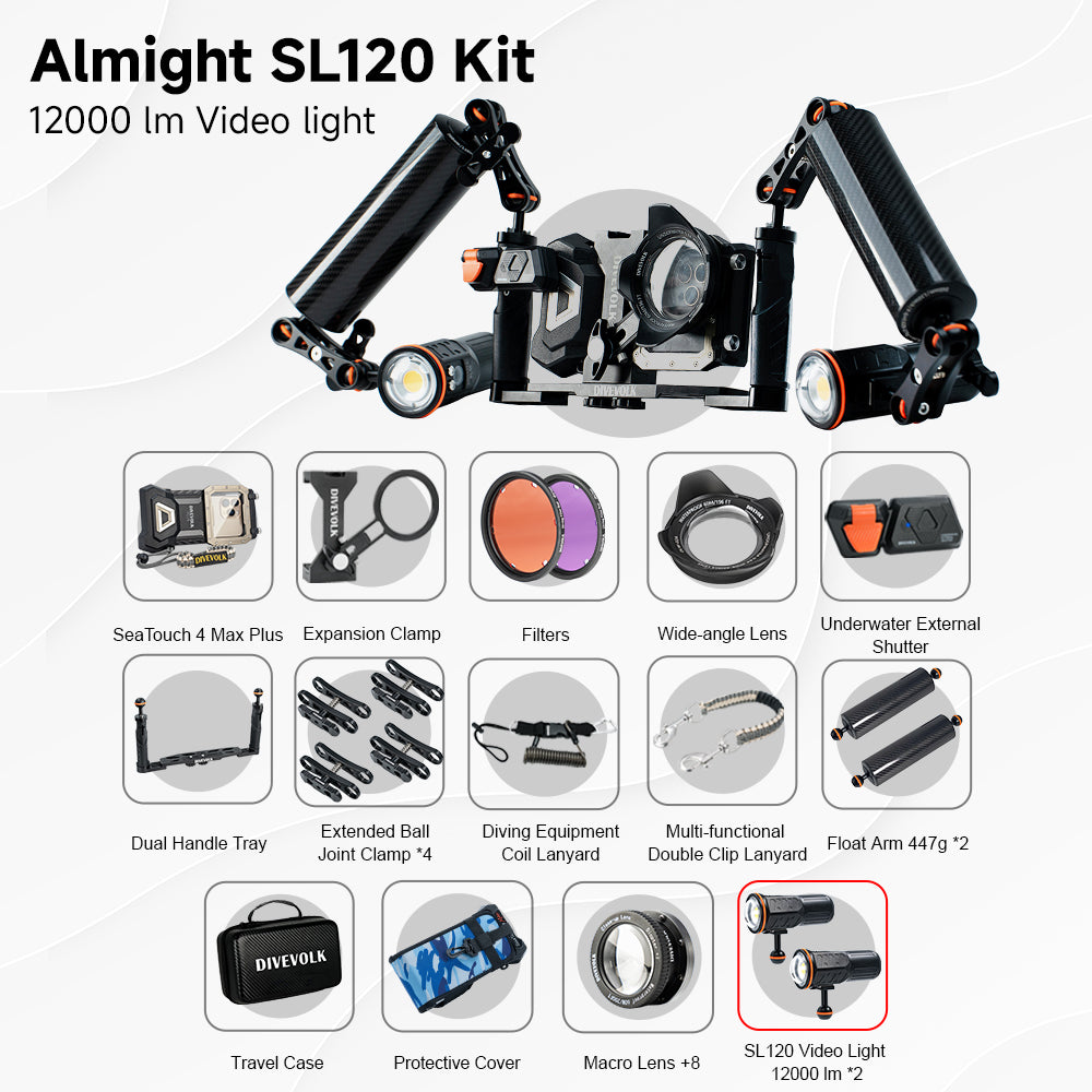SeaTouch 4 Max Plus Almight SL120 Kit with underwater photography wide angle and macro wet lenses and dual dive light