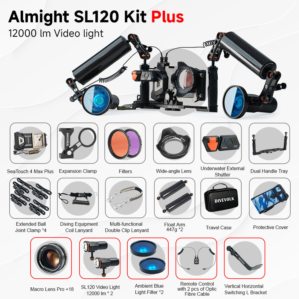 SeaTouch 4 Max Plus Almight SL120 Kit with underwater photography wide angle and macro wet lenses and dual dive light and filters