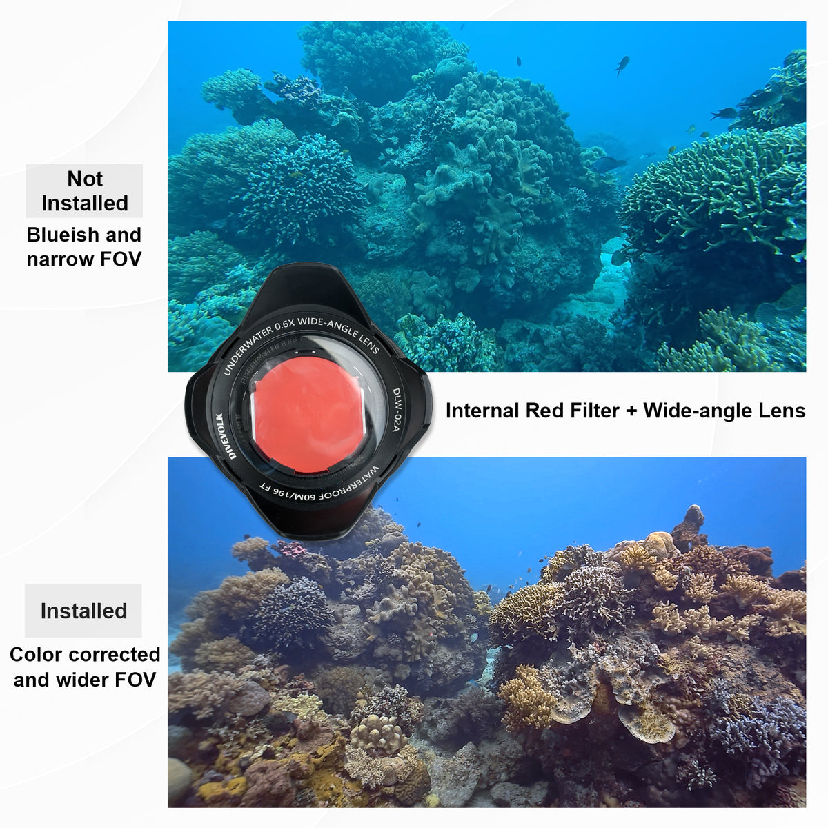 Before and after comparison — underwater scene without filter showing blueish narrow FOV, vs Internal Red Filter combined with DLW-02A wide-angle lens delivering color-corrected wider FOV.