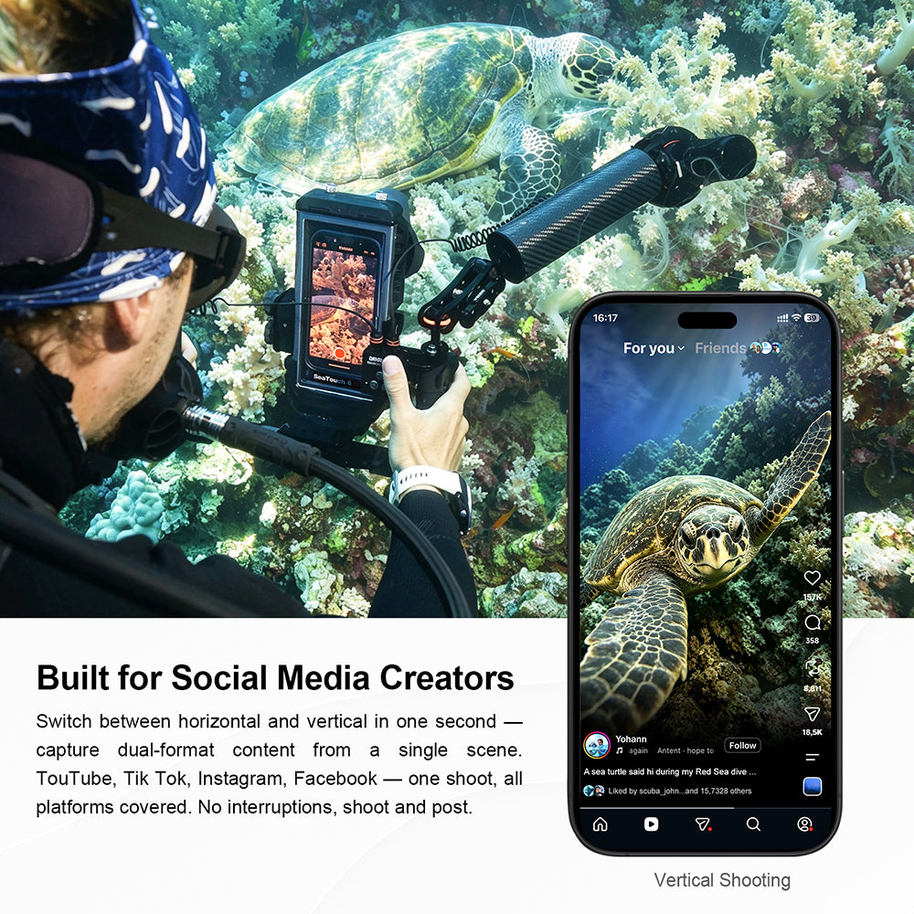 Creator shooting vertical underwater content of a sea turtle with SeaTouch 6 PRO on Quick-Switch Mount, with smartphone mockup showing social media post — one scene, dual-format output for TikTok, YouTube and Instagram.