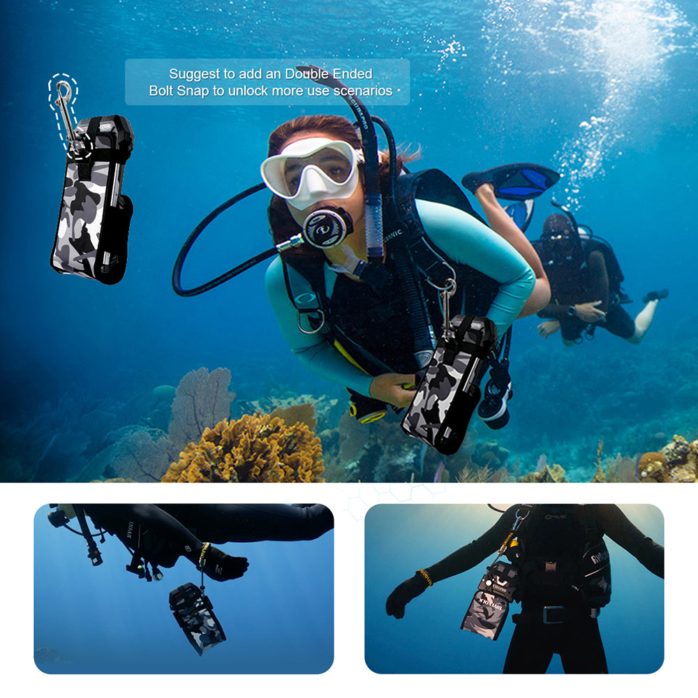 Diver wearing camouflage protective cover on BCD — cover clipped with bolt snap for easy carry during scuba diving.