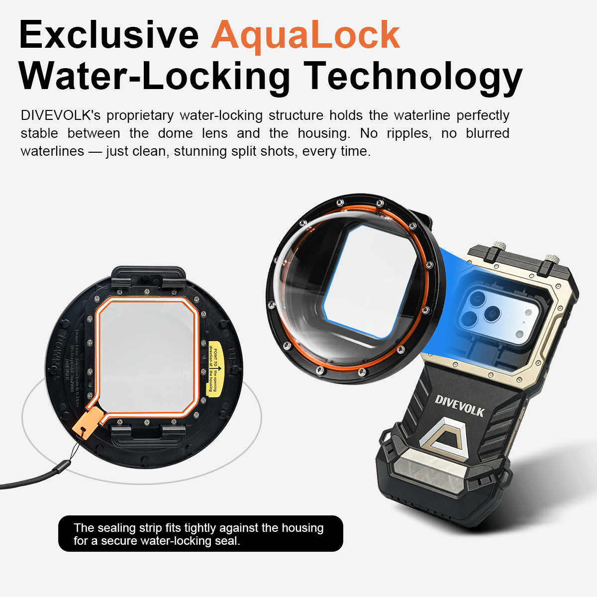Exclusive AquaLock Water-Locking Technology — DIVEVOLK dome lens sealing strip fits tightly against the housing to hold the waterline stable between the dome and housing glass for clean split shots