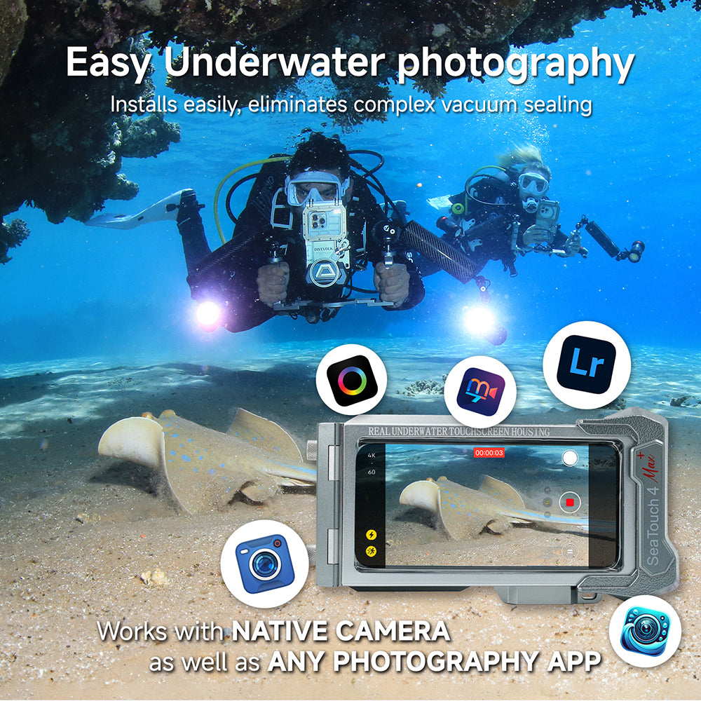 SeaTouch 4 Max Platinum V2 Underwater Touchscreen Housing, iPhone waterproof phone case.displaying a stingray, featuring easy underwater photography.
