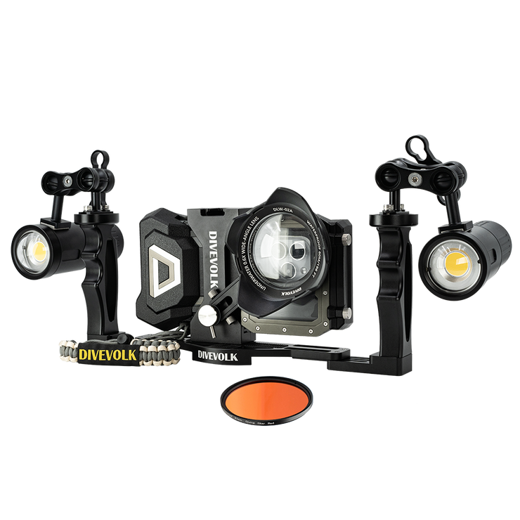 DIVEVOLK SeaTouch 4 MAX luce subacquea 5000 lumen Lente di conversione grandangolare X0.6 kit per iPhone 13 pro/12 pro max/13 pro max/14/14 PRO/14 PLUS/14 PRO MAX/15/15 PRO PLUS/15 PRO MAX