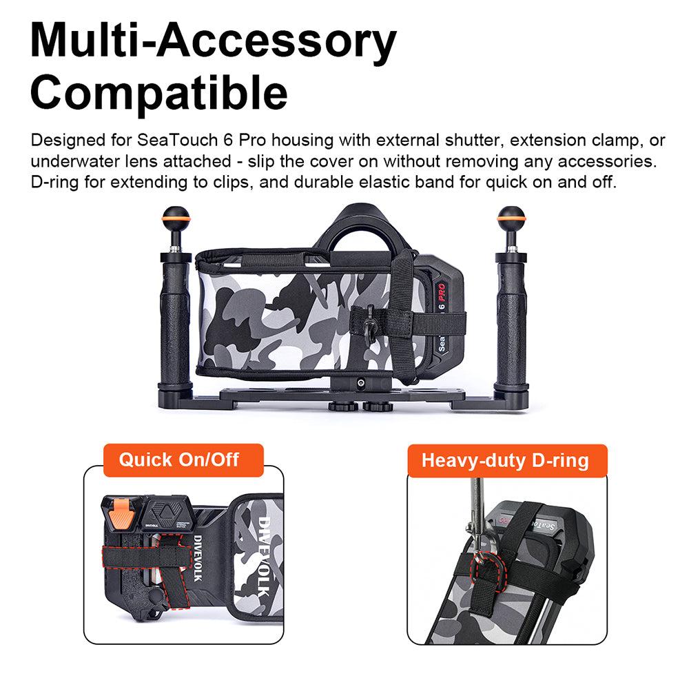 Multi-accessory compatibility — protective cover fits SeaTouch 6 PRO with external shutter, extension clamp or underwater lens; D-ring and quick on/off elastic band details.