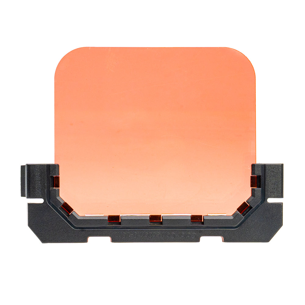 DIVEVOLK Snorkelling Filter — close-up of square red filter panel with black clip-on frame and alignment tabs for side-slot installation.