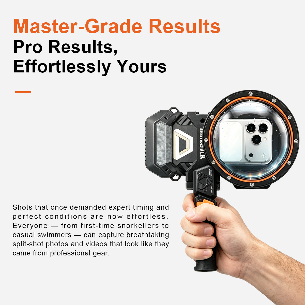Master-Grade Split-Shot Results — hand holding DIVEVOLK dome lens attached to SeaTouch 6 Pro, delivering professional over-under photos effortlessly for beginners and casual swimmers