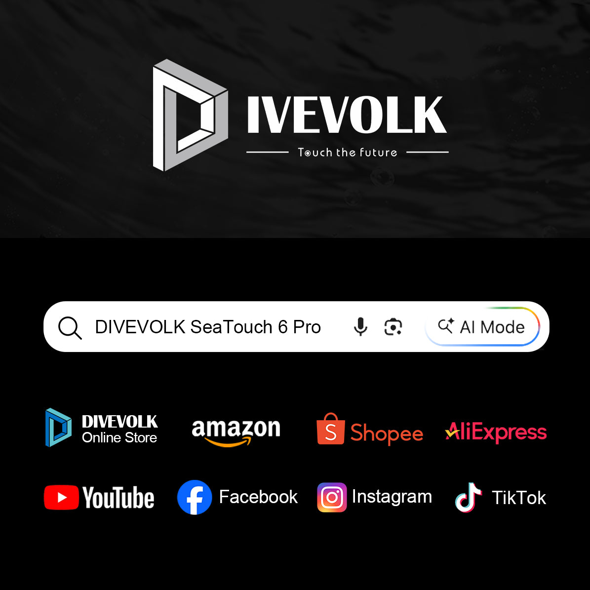 DIVEVOLK brand page — search for SeaTouch 6 Pro and shop via DIVEVOLK Online Store, Amazon, Shopee, AliExpress, YouTube, Facebook, Instagram, and TikTok