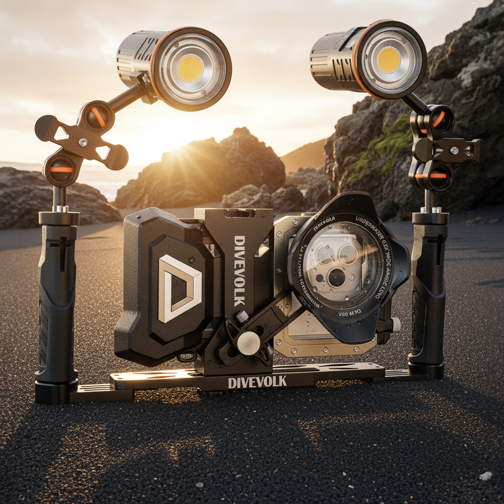 DIVEVOLK 双手柄托盘，适用于智能手机水下外壳、紧凑型相机外壳、运动相机、Gopro、DJI Action、Insta360