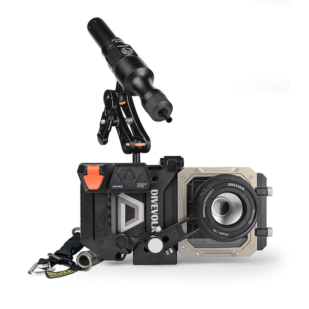 DIVEVOLK SeaTouch 6 PRO Advanced Macro Snoot Kit — housing with Macro Lens Pro +18, SL20 underwater video light mounted on extended ball joint arm with snoot, coiled coil lanyard attached, white background.
