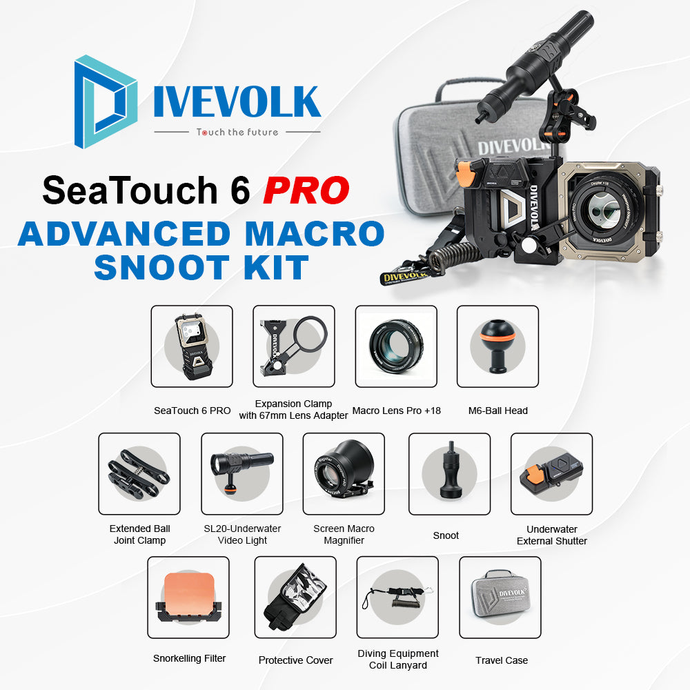 DIVEVOLK SeaTouch 6 PRO Advanced Macro Snoot Kit complete set — includes SeaTouch 6 PRO housing, Expansion Clamp with 67mm Lens Adapter, Macro Lens Pro +18, M6-Ball Head, Extended Ball Joint Clamp, SL20 Underwater Video Light, Screen Macro Magnifier, Snoot, Underwater External Shutter, Snorkelling Filter, Protective Cover, Diving Equipment Coil Lanyard, and Travel Case.