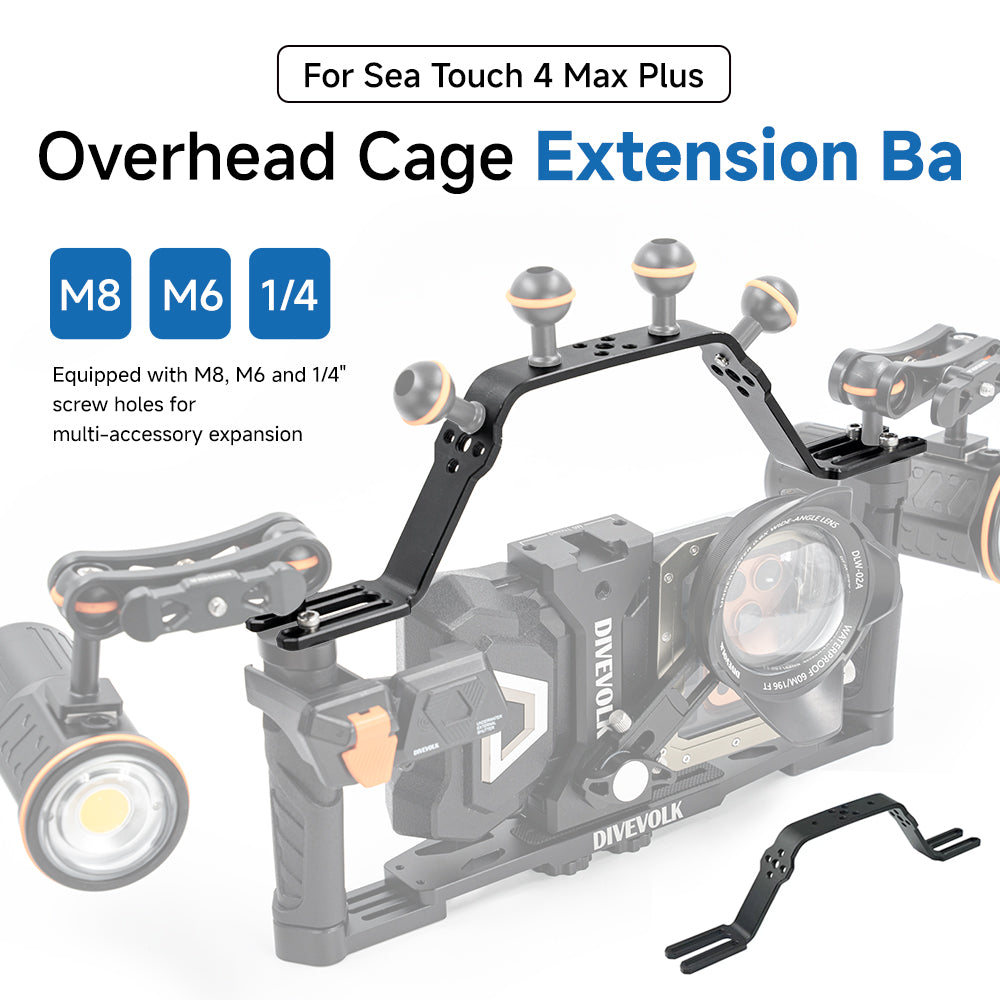 Close-up of DIVEVOLK dual handle tray dual 1-inch aluminum ball heads for dive light & buoyancy arm mounting