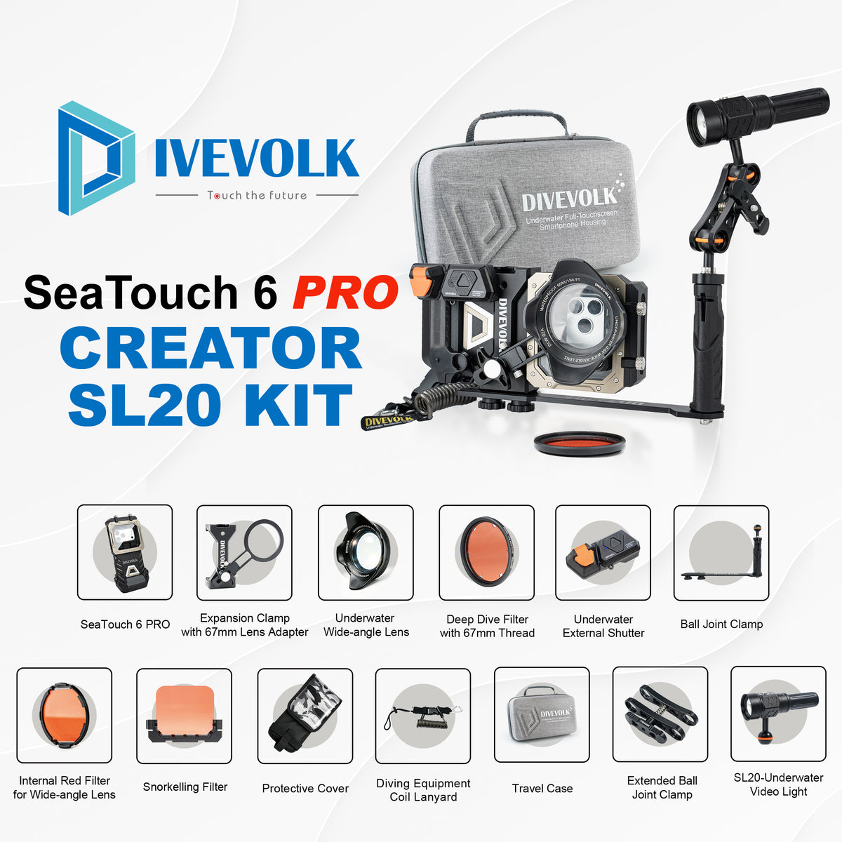 DIVEVOLK SeaTouch 6 PRO Creator SL20 Kit complete set — includes SeaTouch 6 PRO housing, Expansion Clamp with 67mm Lens Adapter, Underwater Wide-angle Lens, Deep Dive Filter, External Shutter, Ball Joint Clamp, Internal Red Filter, Snorkelling Filter, Protective Cover, Coil Lanyard, Travel Case, Extended Ball Joint Clamp, and SL20 Underwater Video Light.