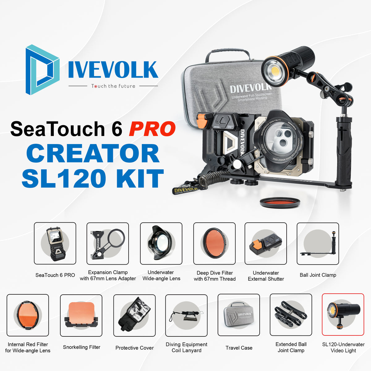 DIVEVOLK SeaTouch 6 PRO Creator SL120 Kit complete set — includes SeaTouch 6 PRO housing, Expansion Clamp with 67mm Lens Adapter, Underwater Wide-angle Lens, Deep Dive Filter, External Shutter, Ball Joint Clamp, Internal Red Filter, Snorkelling Filter, Protective Cover, Coil Lanyard, Travel Case, Extended Ball Joint Clamp, and SL120 Underwater Video Light.