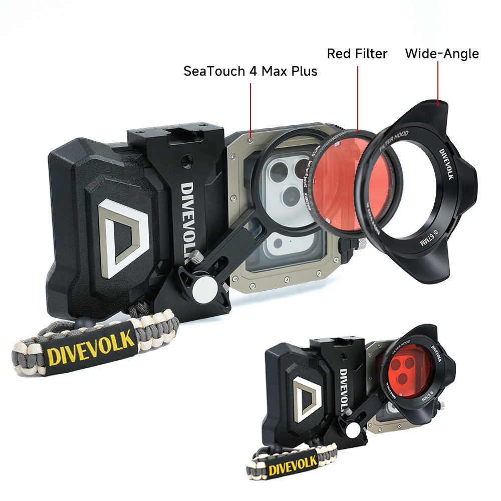 DIVEVOLK SeaTouch 4 Max Plus underwater housing showing disassembled red filter, wide‑angle lens hood and fully assembled setup