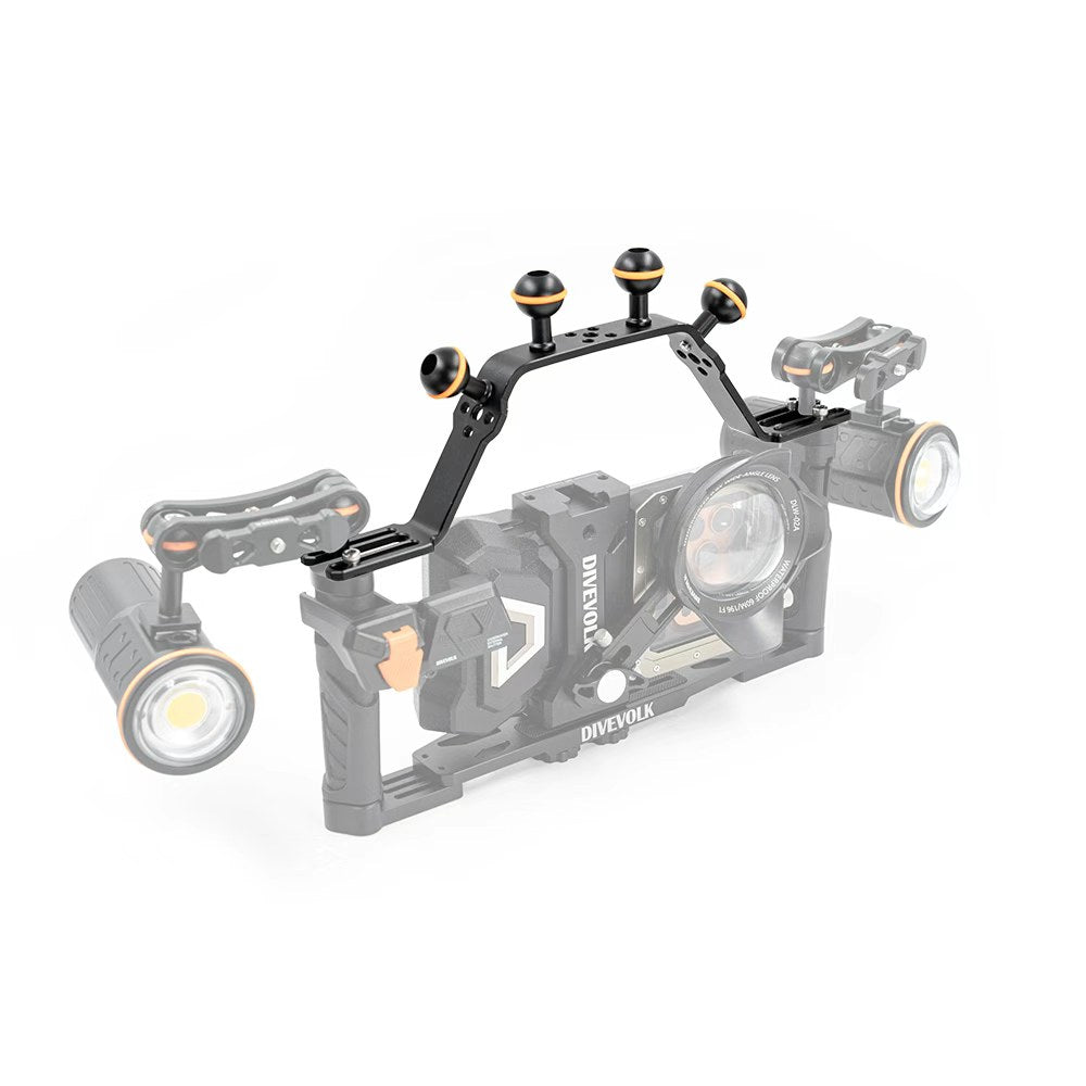 Close-up of DIVEVOLK dual handle tray dual 1-inch aluminum ball heads for dive light & buoyancy arm mounting