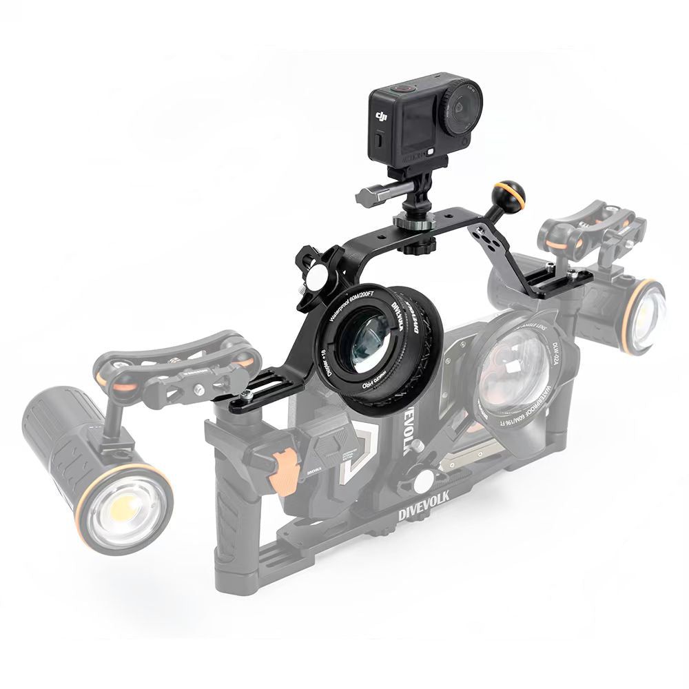 DIVEVOLK dual handle tray with GoPro & diving light, complete underwater photography accessory setup