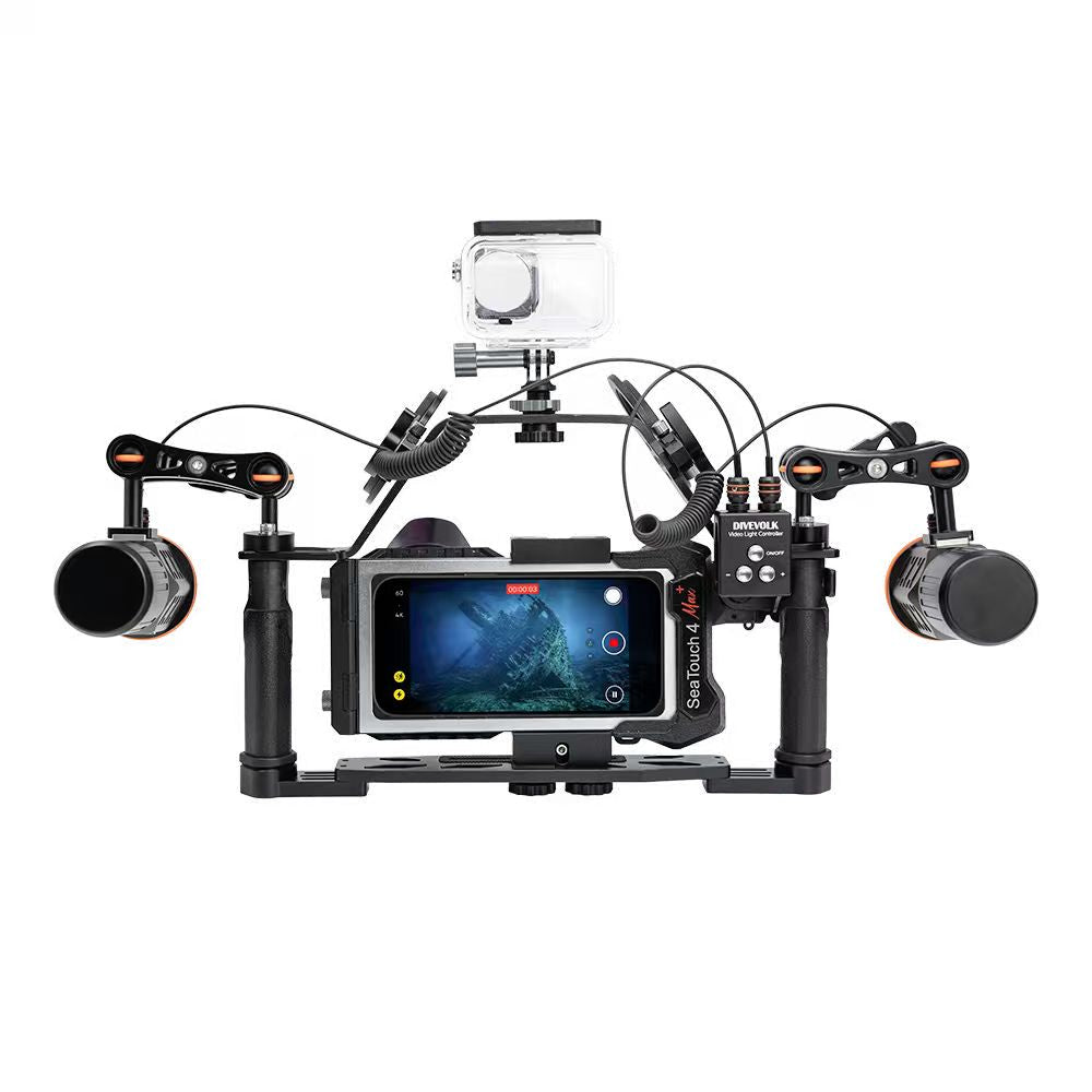 DIVEVOLK dual handle tray with GoPro & diving light, complete underwater photography accessory setup