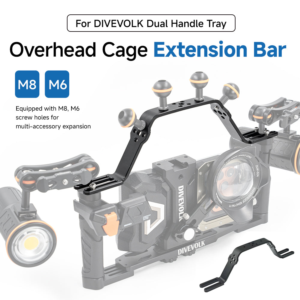 Close-up of DIVEVOLK dual handle tray dual 1-inch aluminum ball heads for dive light & buoyancy arm mounting

