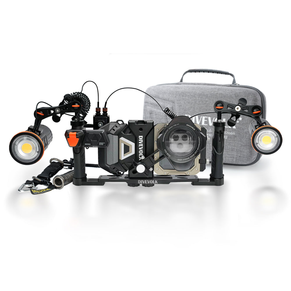 DIVEVOLK SeaTouch 6 PRO Deep Dive SL50 Kit with travel case — dual SL50 video lights on adjustable ball joint arms, wide-angle lens, optic fibre remote control, DIVEVOLK grey travel case in background.