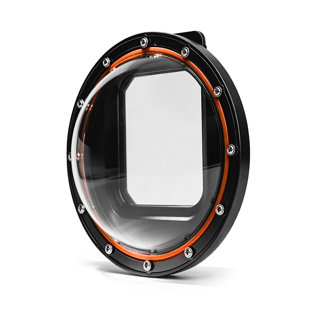 DIVEVOLK 2nd-gen Dome Lens product shot — angled side view showing the clear dome glass, black mounting ring with stainless steel screws, and orange sealing ring for SeaTouch 6 Pro