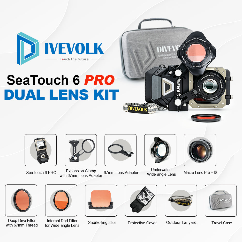 DIVEVOLK SeaTouch 6 PRO Dual Lens Kit complete set — includes SeaTouch 6 PRO housing, Expansion Clamp with 67mm Lens Adapter, 67mm Lens Adapter, Underwater Wide-angle Lens, Macro Lens Pro +18, Deep Dive Filter, Internal Red Filter for Wide-angle Lens, Snorkelling Filter, Protective Cover, Outdoor Lanyard, and Travel Case.