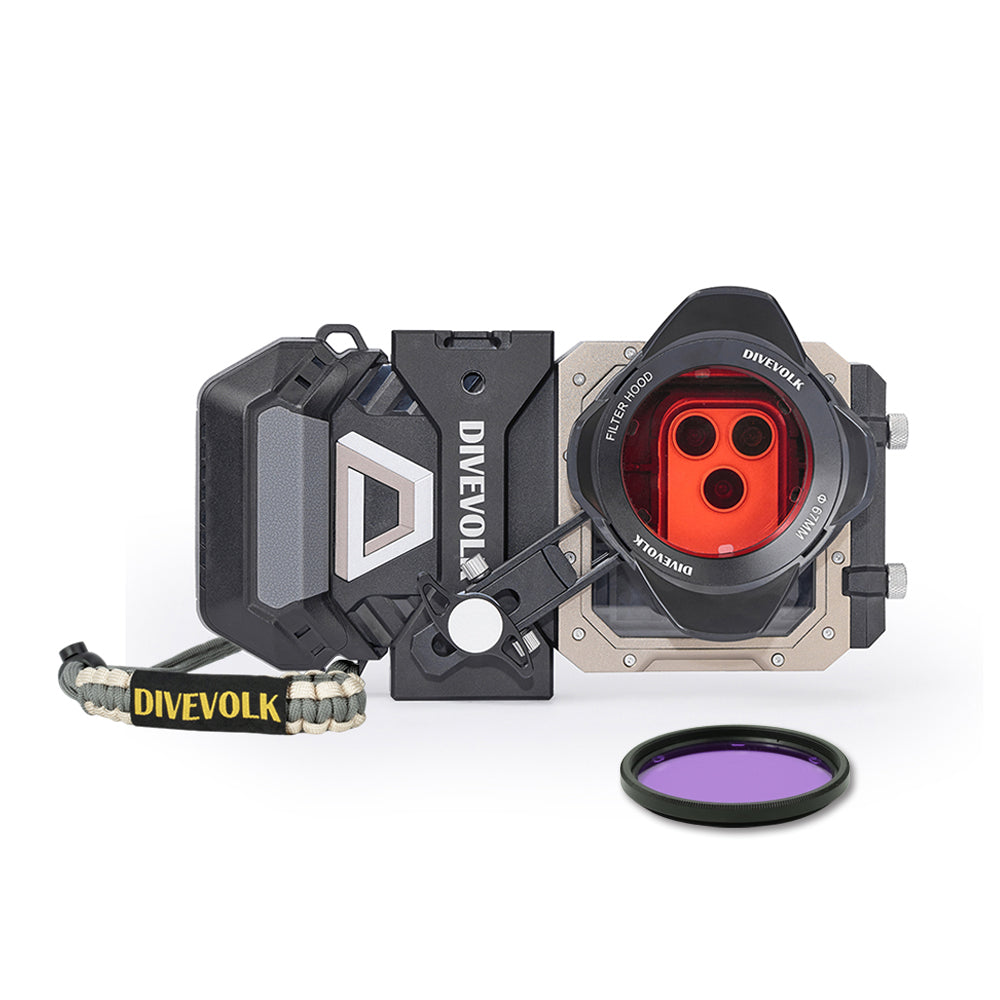 DIVEVOLK SeaTouch 6 PRO Filters Kit — housing with Filter Hood, 67mm Red Filter installed, Magenta Filter beside, expansion clamp with lanyard attached, product shot on white background.