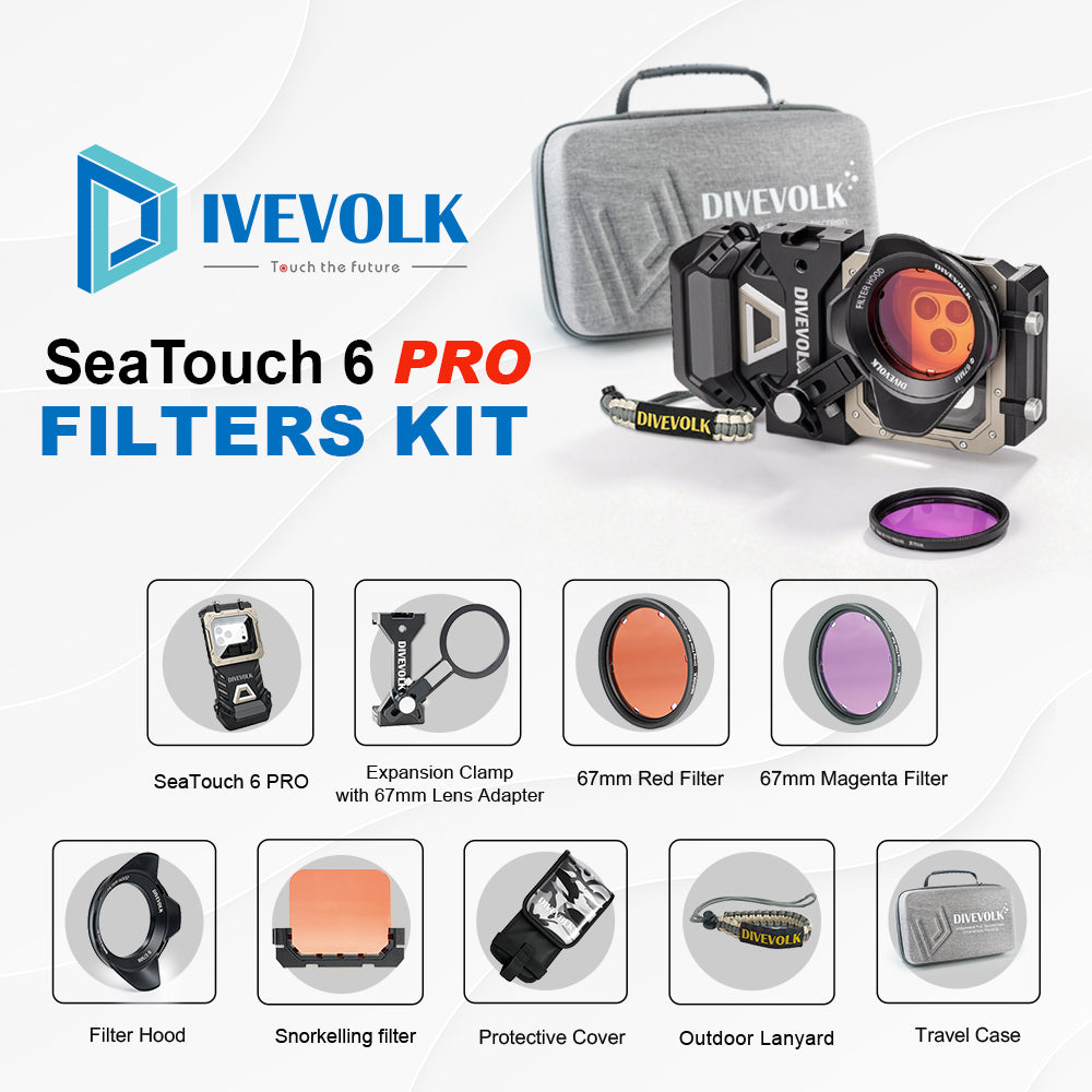 DIVEVOLK SeaTouch 6 PRO Filters Kit complete set — includes housing, expansion clamp with 67mm lens adapter, 67mm Red Filter, 67mm Magenta Filter, Filter Hood, Snorkelling Filter, Protective Cover, Outdoor Lanyard, and Travel Case.