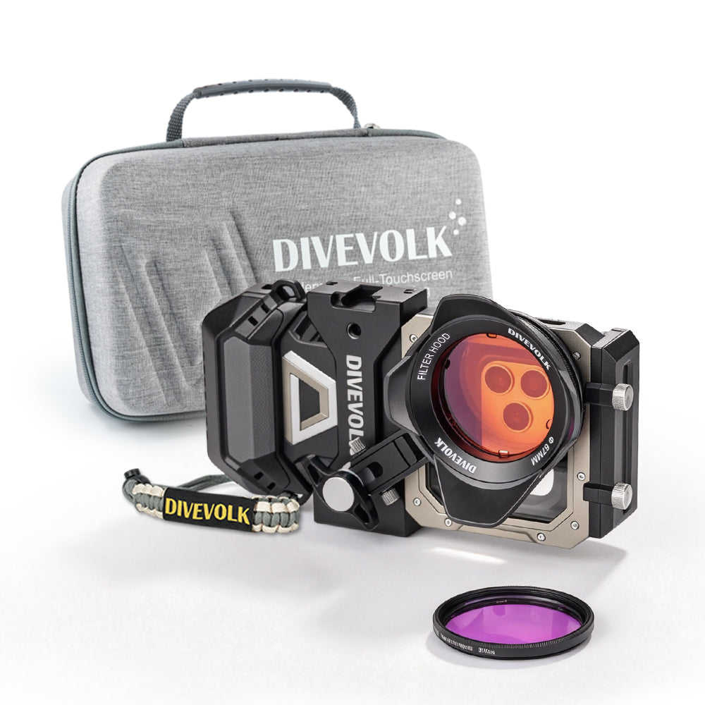 DIVEVOLK SeaTouch 6 PRO Filters Kit with travel case — housing with Filter Hood and Red Filter mounted, Magenta Filter displayed in front, outdoor lanyard attached, travel case in background.