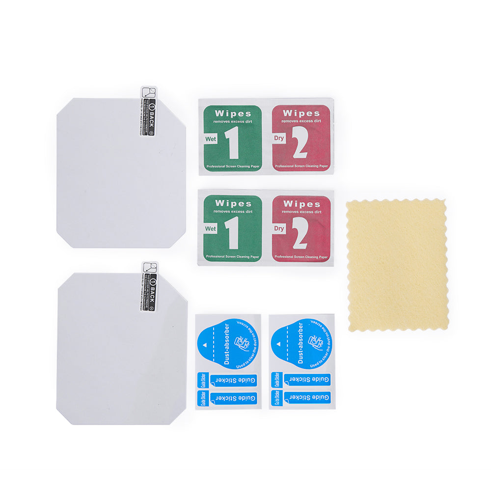 Glass protective film full kit contents — 2 pieces of tempered glass film, 2 sets of wet and dry wipes, 4 dust absorbers, 4 guide stickers and 1 microfiber cleaning cloth.